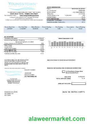 USA Youngstown Water Department business utility bill template in Word and PDF formats